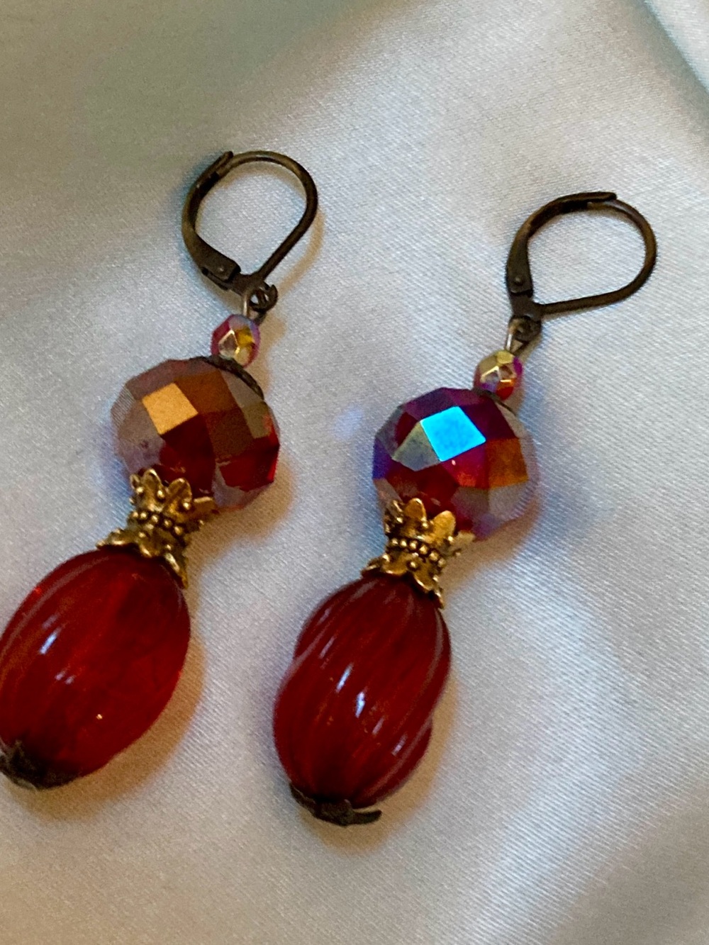 Aurora Borealis Red Earrings Molded Glass
